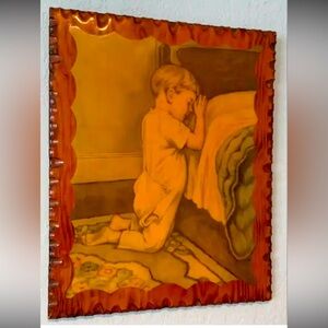 Vintage 60’s-70’s Lacquered Little Boy Praying By Bed On Solid Wood
